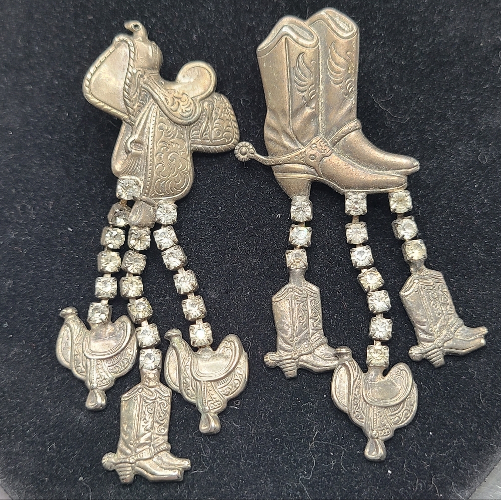 Vintage Silver Tone Western Boot & Saddle W/ Rhinestone Dangle Charms Earrings
